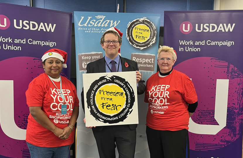 Joel with USDAW workers at the Senedd