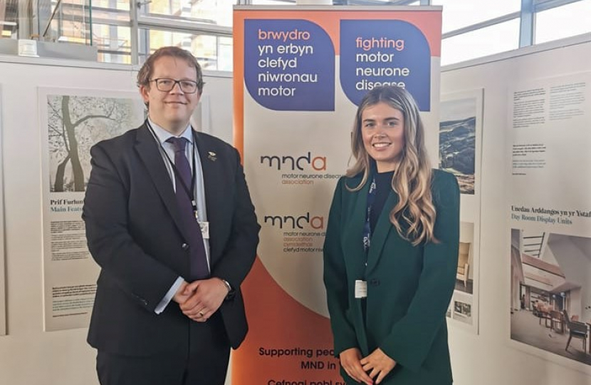 Joel James MS with a representative from Motor Neurone Disease Association Wales in the Senedd Oriel 