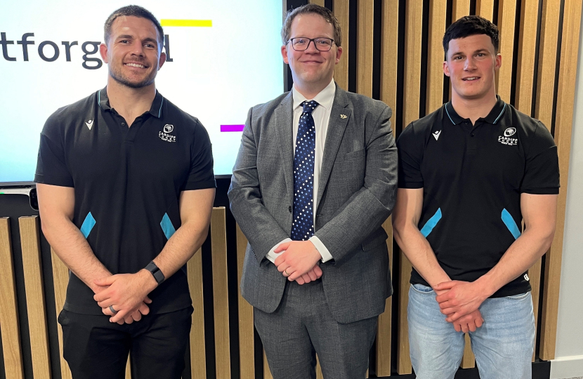 Joel James MS With Cardiff Rugby players Ellis Jenkins and Ellis Bevan