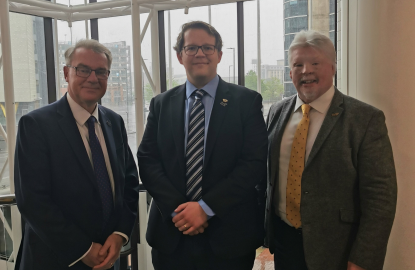 Tony Byrne, Joel James and Simon Weston CBE in Senedd