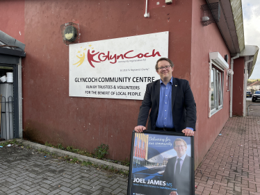 Joel James MS Outside Glyncoch Community Centre. 