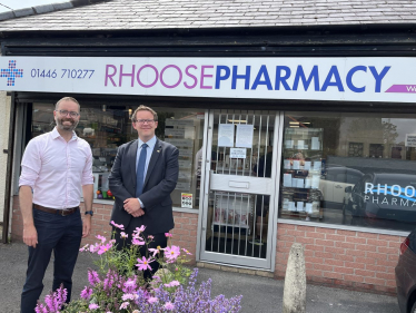 Joel James MS with Rhodri Thomas outside Rhoose Pharmacy