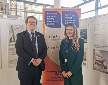 Joel James MS with a representative from Motor Neurone Disease Association Wales in the Senedd Oriel 