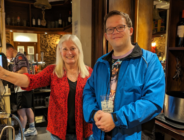 Joel with Maria, the landlady of the Carpenters' Arms in Efail Isaf