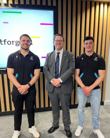 Joel James MS With Cardiff Rugby players Ellis Jenkins and Ellis Bevan