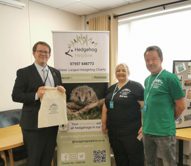 Joel James MS with Sarah and Graham from Hedgehog Helpline in the Senedd